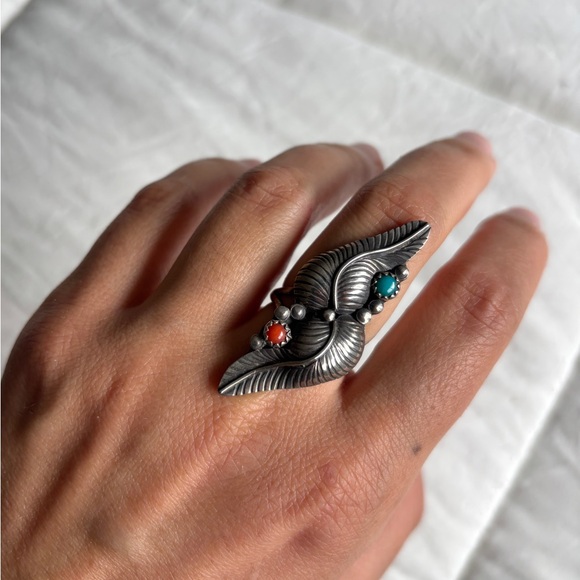 Silver Leaf Ring with Turquoise and Coral Accents